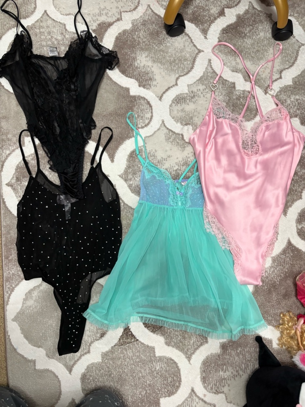 Victoria's Secret Pink Satin & Aqua Lace Chemise Set with Black Accents